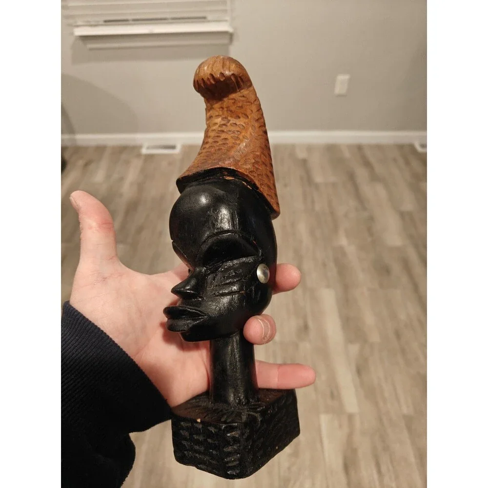 Vintage African Wood Hand Carved Wooden Sculpture Head
